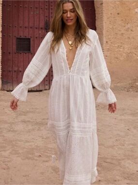 Spell whimsy garden lace gown White Eyelet Boho Maxi Dress - V-Neck, Long Sleeve